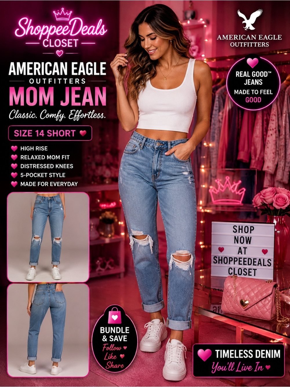American Eagle Mom Jeans High Rise Distressed Ripped – Size 14 Short
